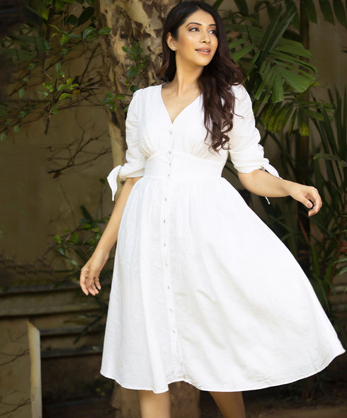 Vneck Sleeve Tie Bust Gathered Dress